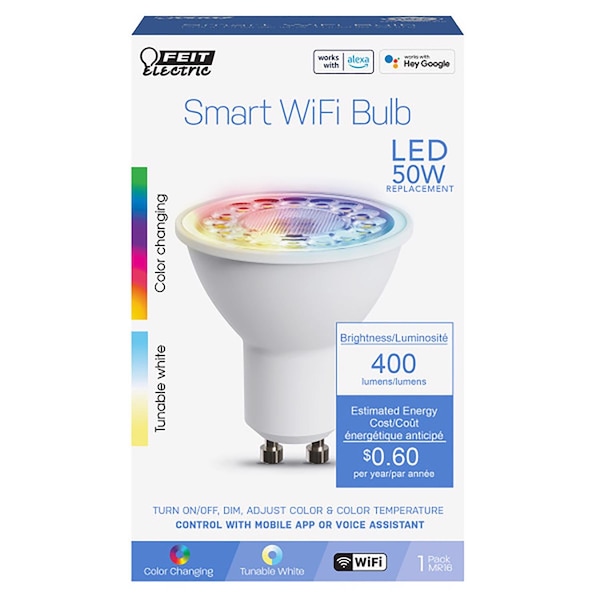 Feit Electric Feit Smart Home MR16 GU10 Smart-Enabled LED Bulb Color Changing 50 Watt Equivalence 1 pk MR16GU10RGBWCAG - main